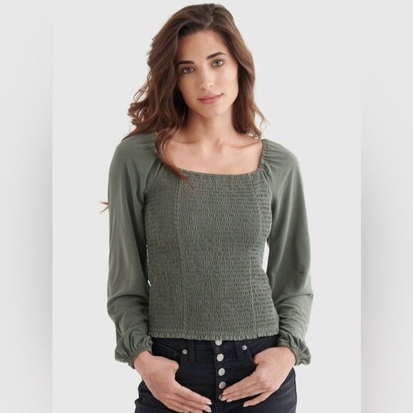 Lucky Brand Womens Size Medium Olive Green Smocked Square Neck Knit Long Sleeve - Picture 1 of 15